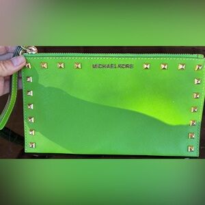 Michael Kors Lime Green Studded Pouch with Gold Zipper